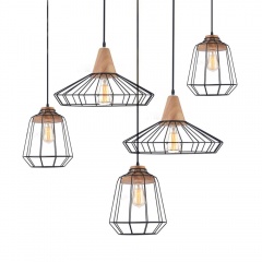Metal Cage Pendant Light With Wood Base. Scandinavian Styling Ceiling Light