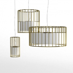 Modern Iron Cage and Flax Shade Inside Pendant Lighting