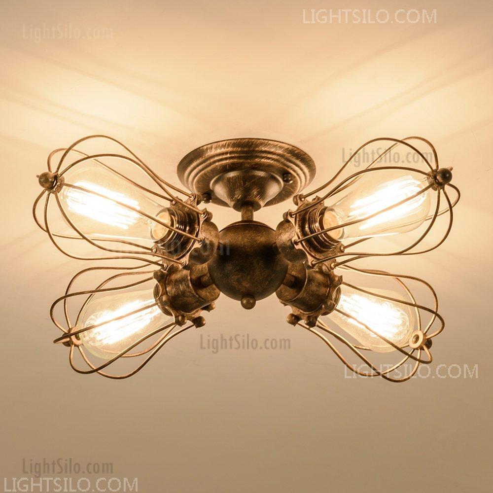 4-Light Vintage Industrial Iron Semi-Flush Mount Ceiling Light Painted Finish Bronze