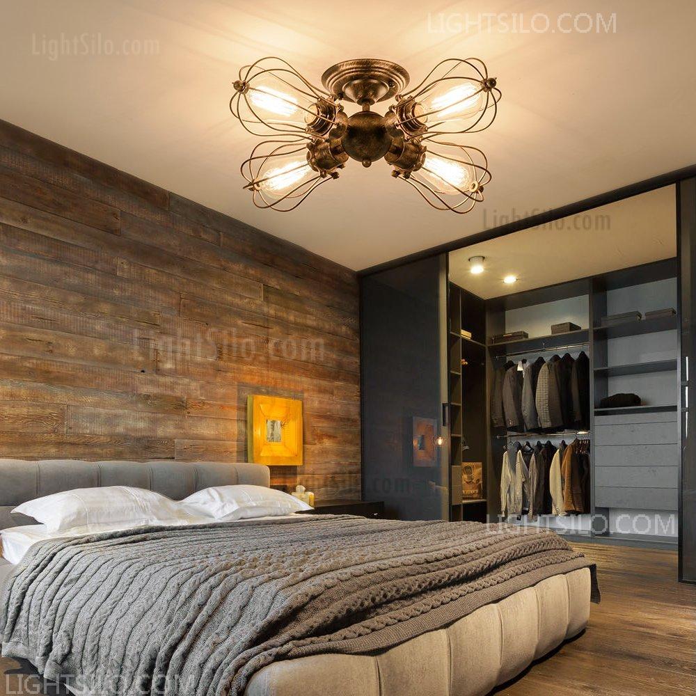 4-Light Vintage Industrial Iron Semi-Flush Mount Ceiling Light Painted Finish Bronze