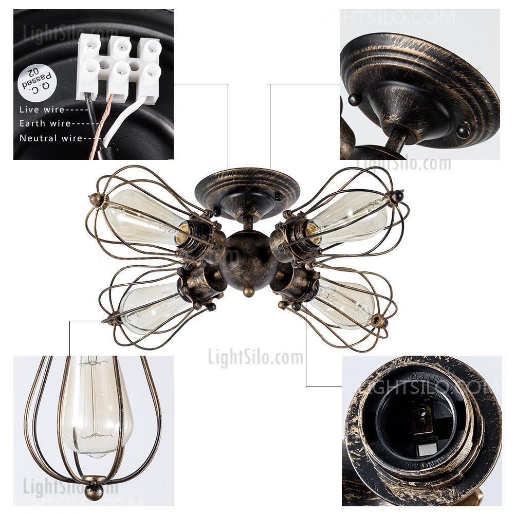 4-Light Vintage Industrial Iron Semi-Flush Mount Ceiling Light Painted Finish Bronze