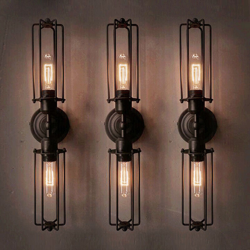 2-Heads E26 Industrial Wall Light Wire Cage Wall Sconce Vintage Rustic Wall Lamp 