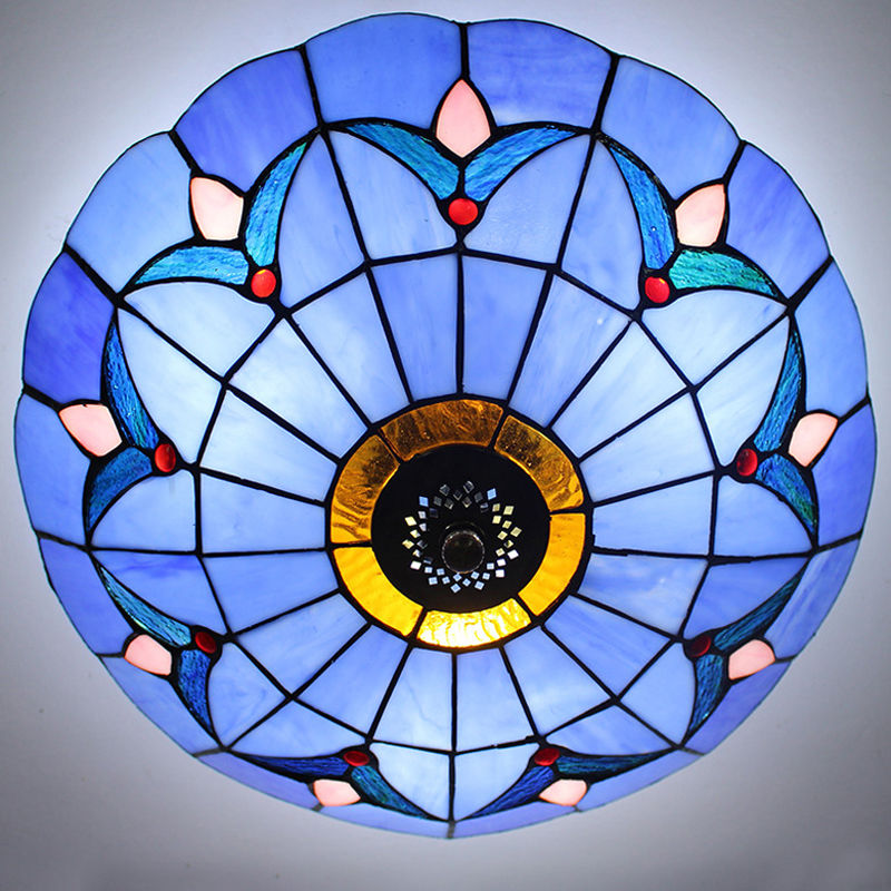 Blue Handcrafted Moroccan Tiffany Stained Glass Flush Mount