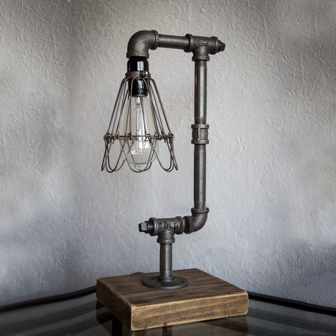Retro Metal Wire Cage Shade Iron Pipe Table Desk Lamp Light