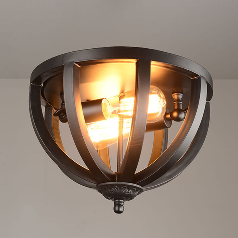 Black Industrial Ceiling Light Fixture Wrought Iron 2 Light Flush Mount Light