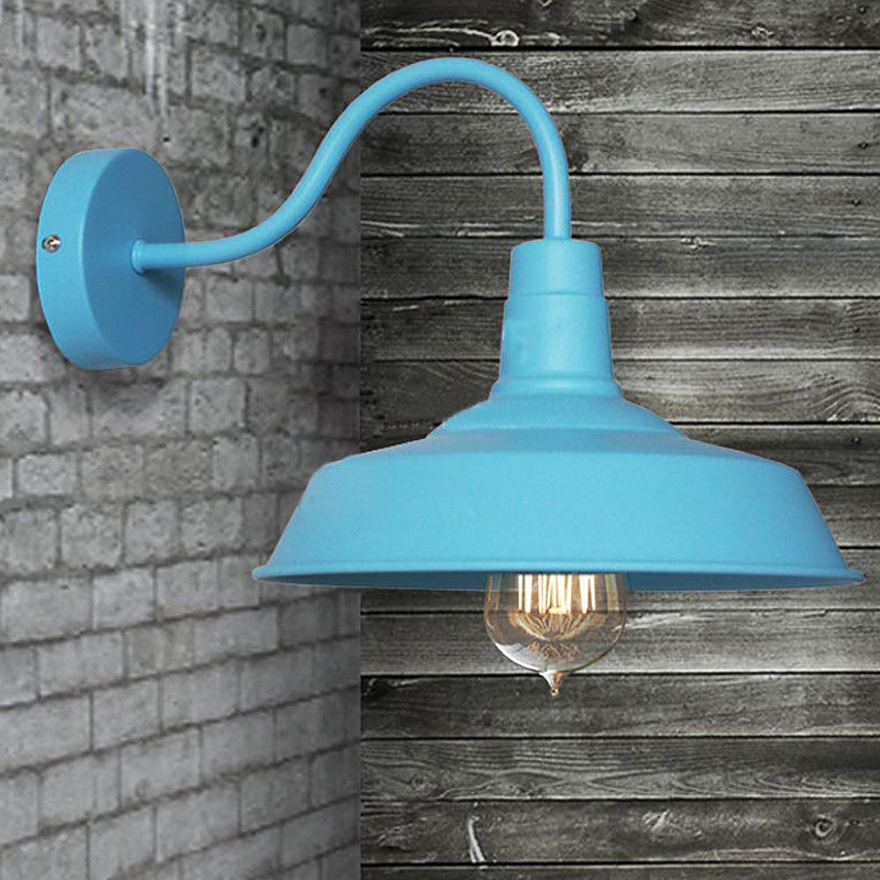 Vintage Industrial Blue Gooseneck Warehouse Wall Lamp Sconce Outdoor