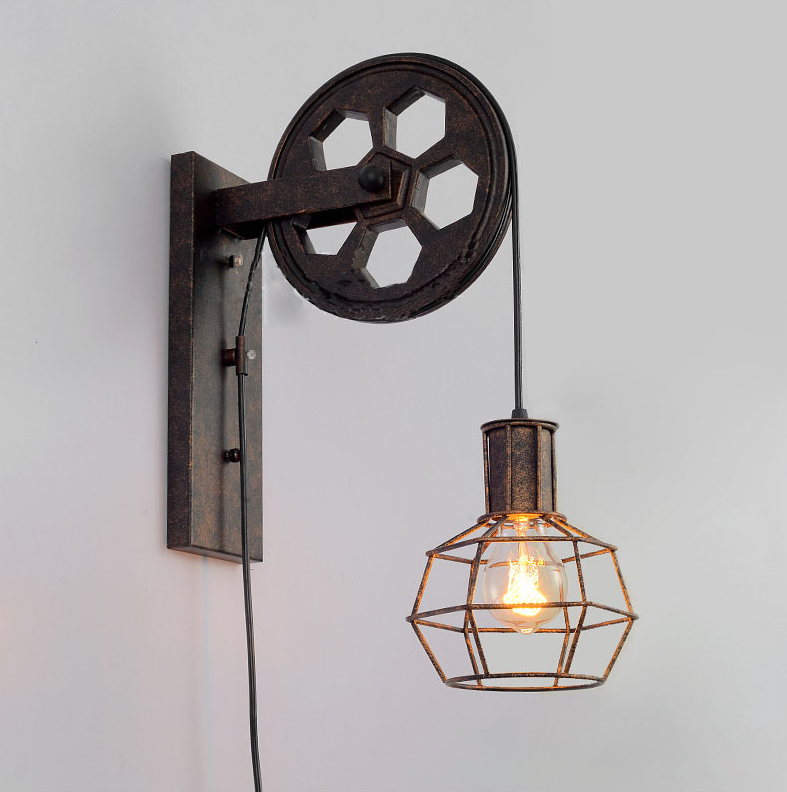 Vintage Pulley Wheel Lamp Industrial Retro Wall Mount Sconce Light E27 Fixture 
