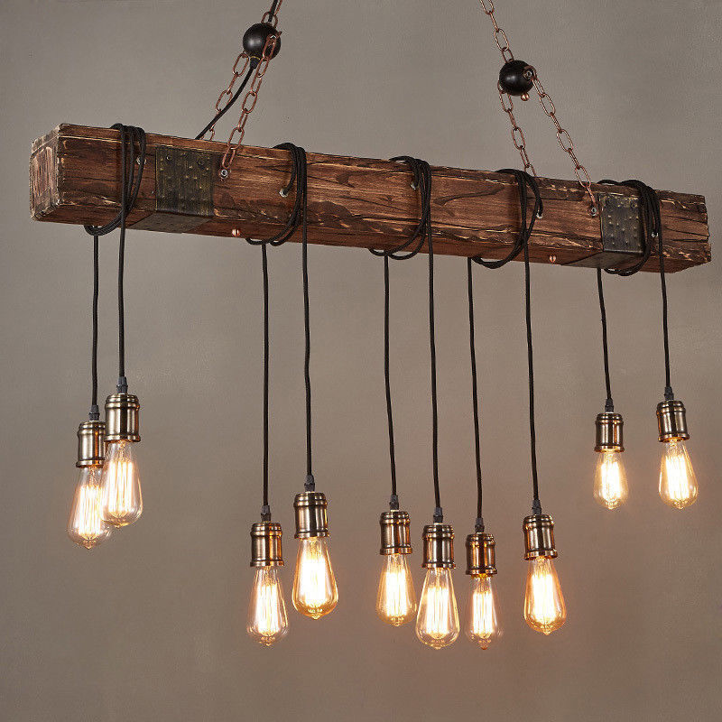 Rustic Style Dark Wood Beam Large Linear Island Pendant Ceiling Lighting