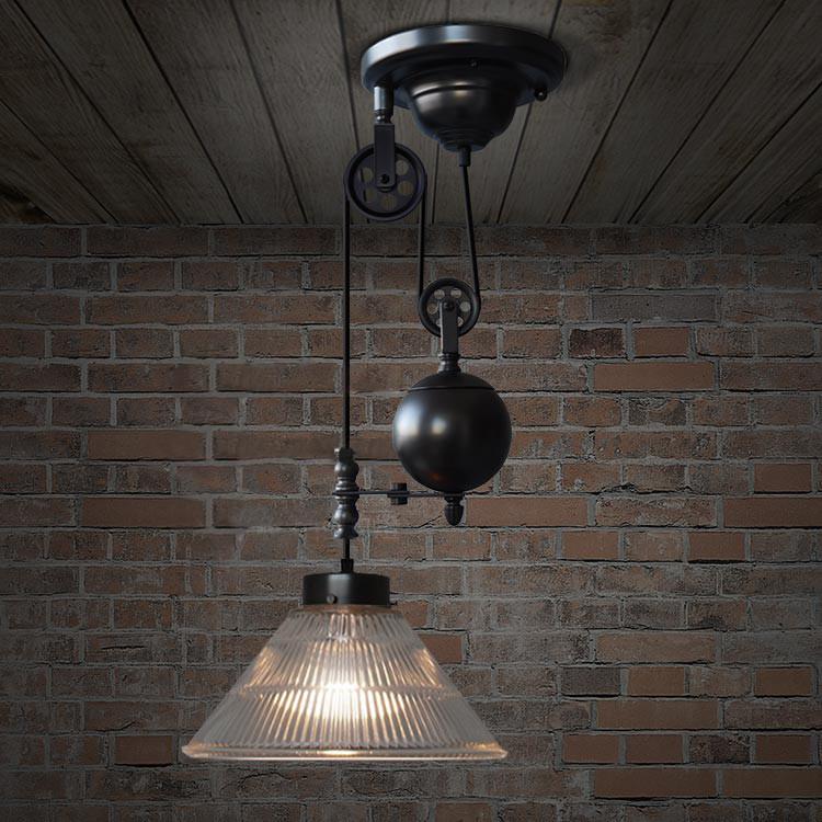 Ribbed Glass Shade Pulley Pendant Light