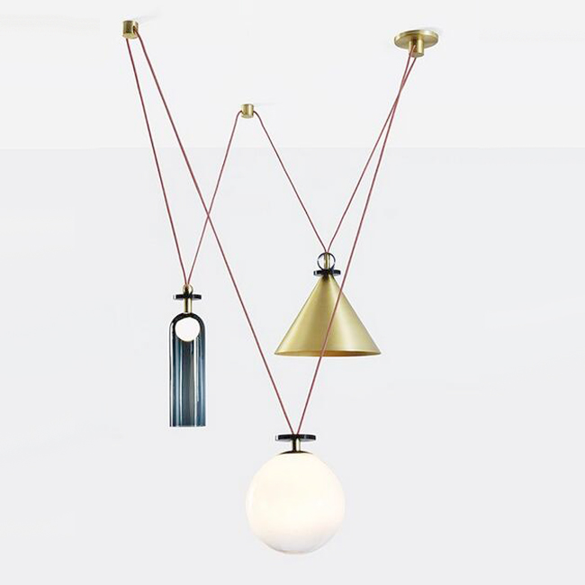 White Dark Bule Glass Brass Pulley Pendant Light